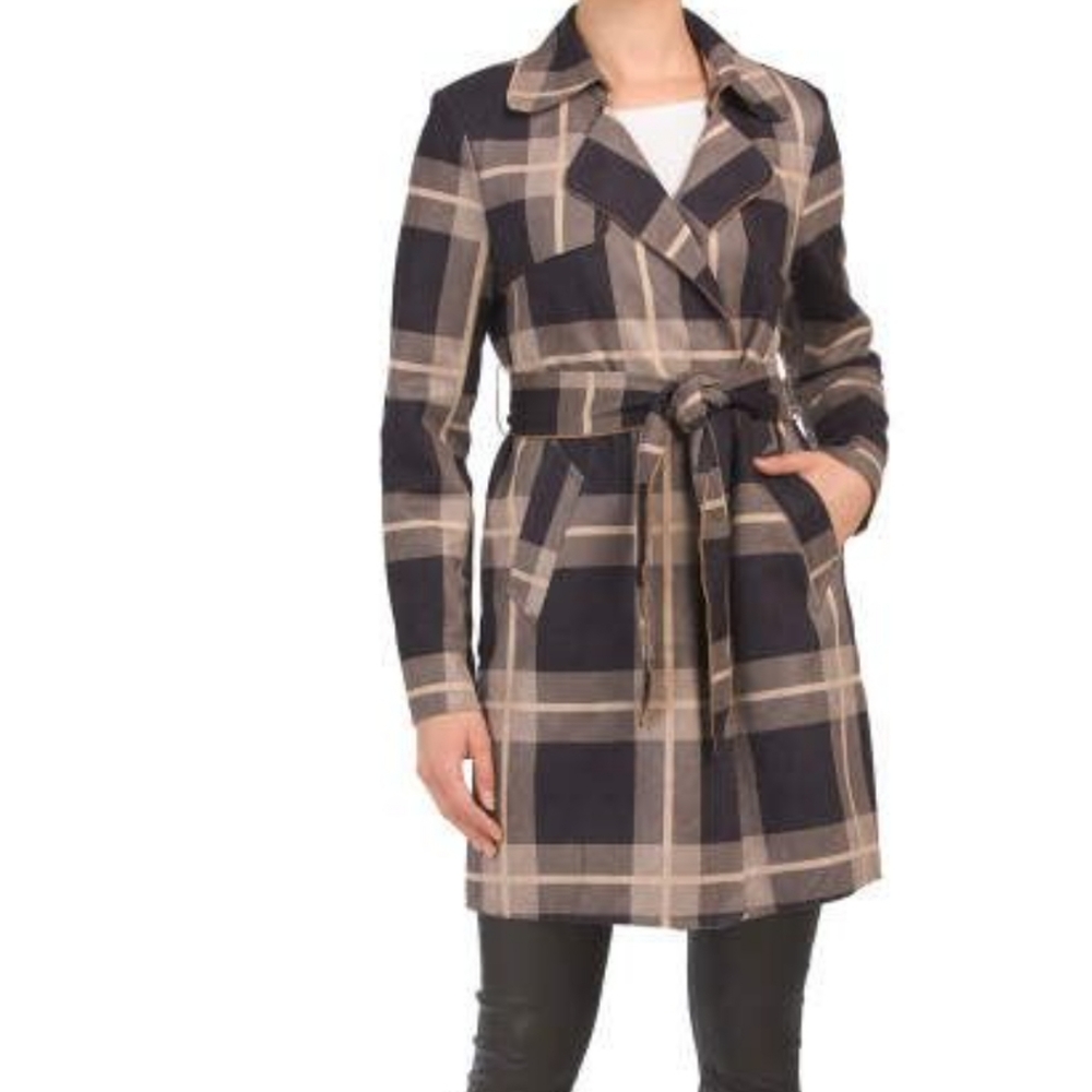 Plaid Print Faux Suede Trench Coat